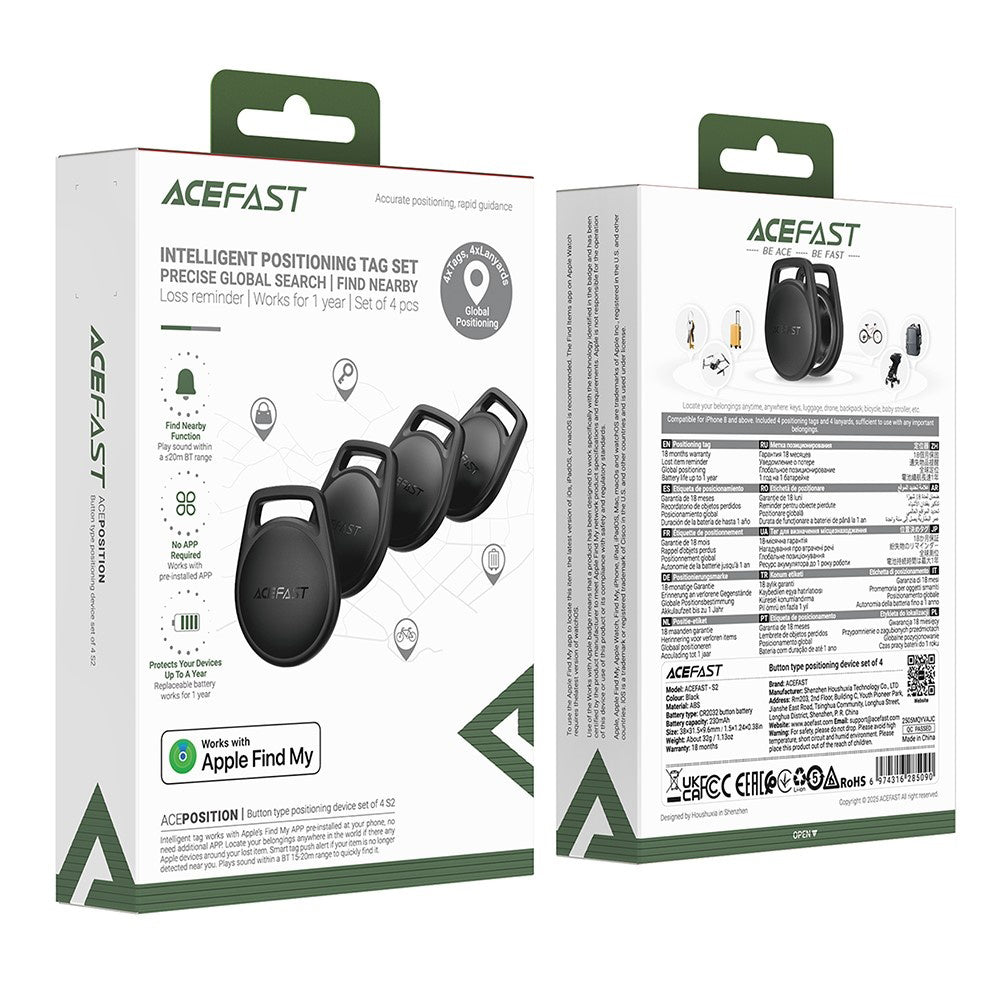 Acefast SmartTag S2 para iOS Series, Conjunto de 4 peças, Preto