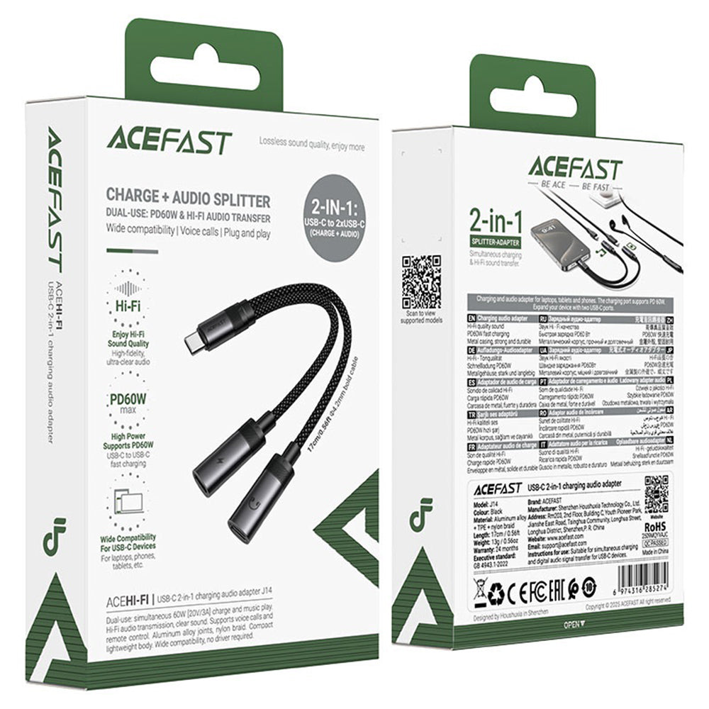 Adaptador de Áudio USB-C - 2 x USB-C Acefast J14, Preto