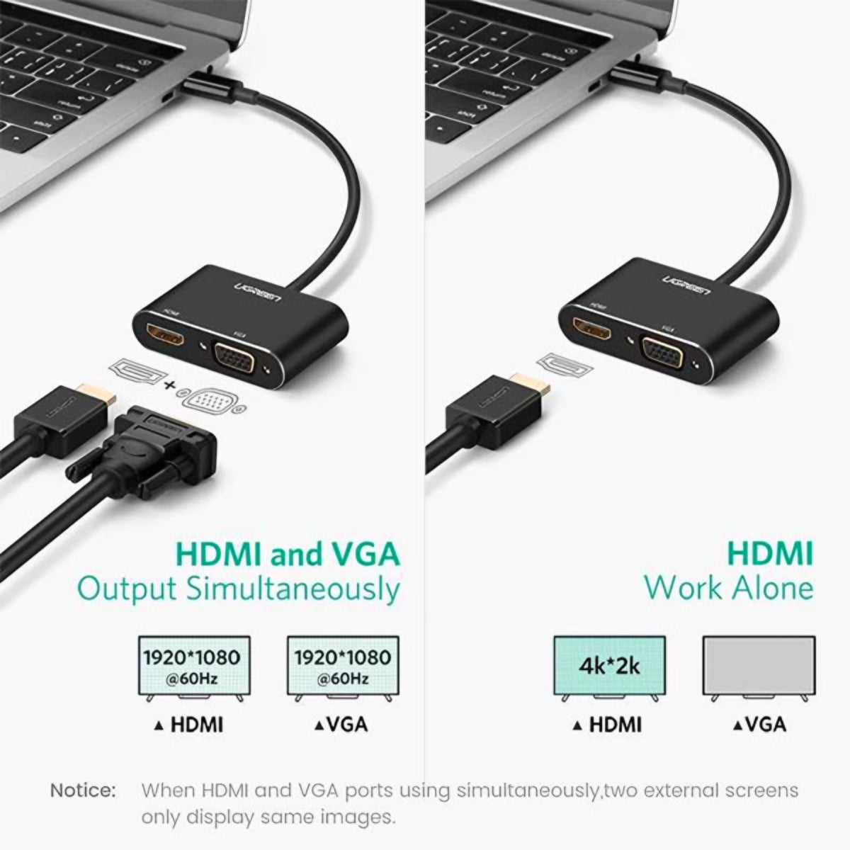Adaptador de Vídeo UGREEN CM449, USB-A - HDMI / VGA, 1080P, Cinzento