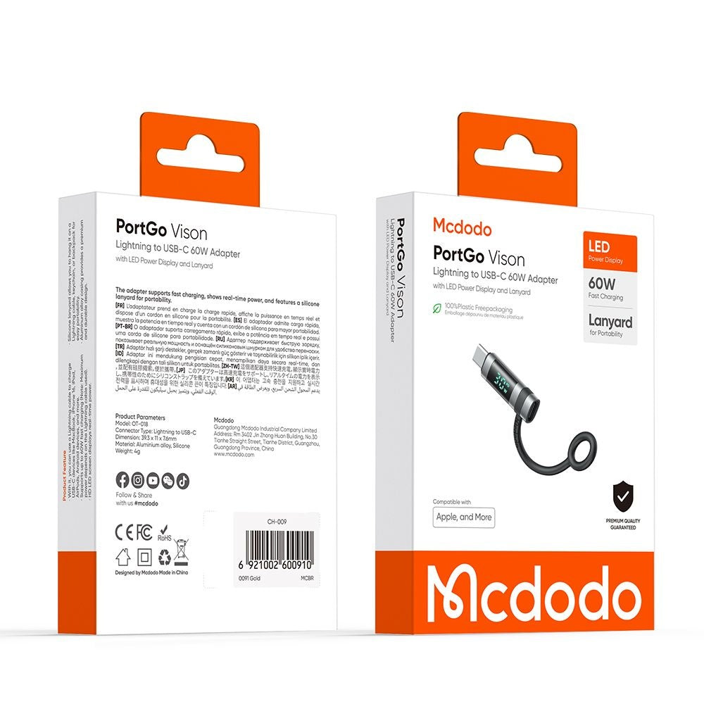 Adaptador de Dados e Carregamento Lightning - USB-C McDodo OT-0180 Pigeon Display, Preto