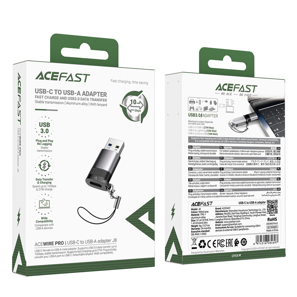 Adaptador de Dados e Carregamento USB-C - USB-A Acefast J8, Cinzento