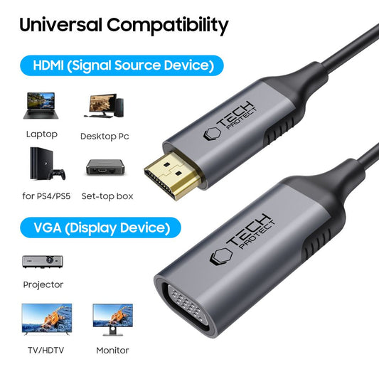 Adaptador de Vídeo Tech-Protect Ultraboost, VGA - HDMI, 1080P, Preto