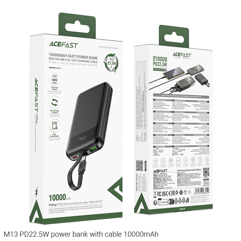Bateria Externa Acefast M13, 10000mAh, 22.5W, QC + PD, 1 x USB-A - 2 x USB-C, Preta