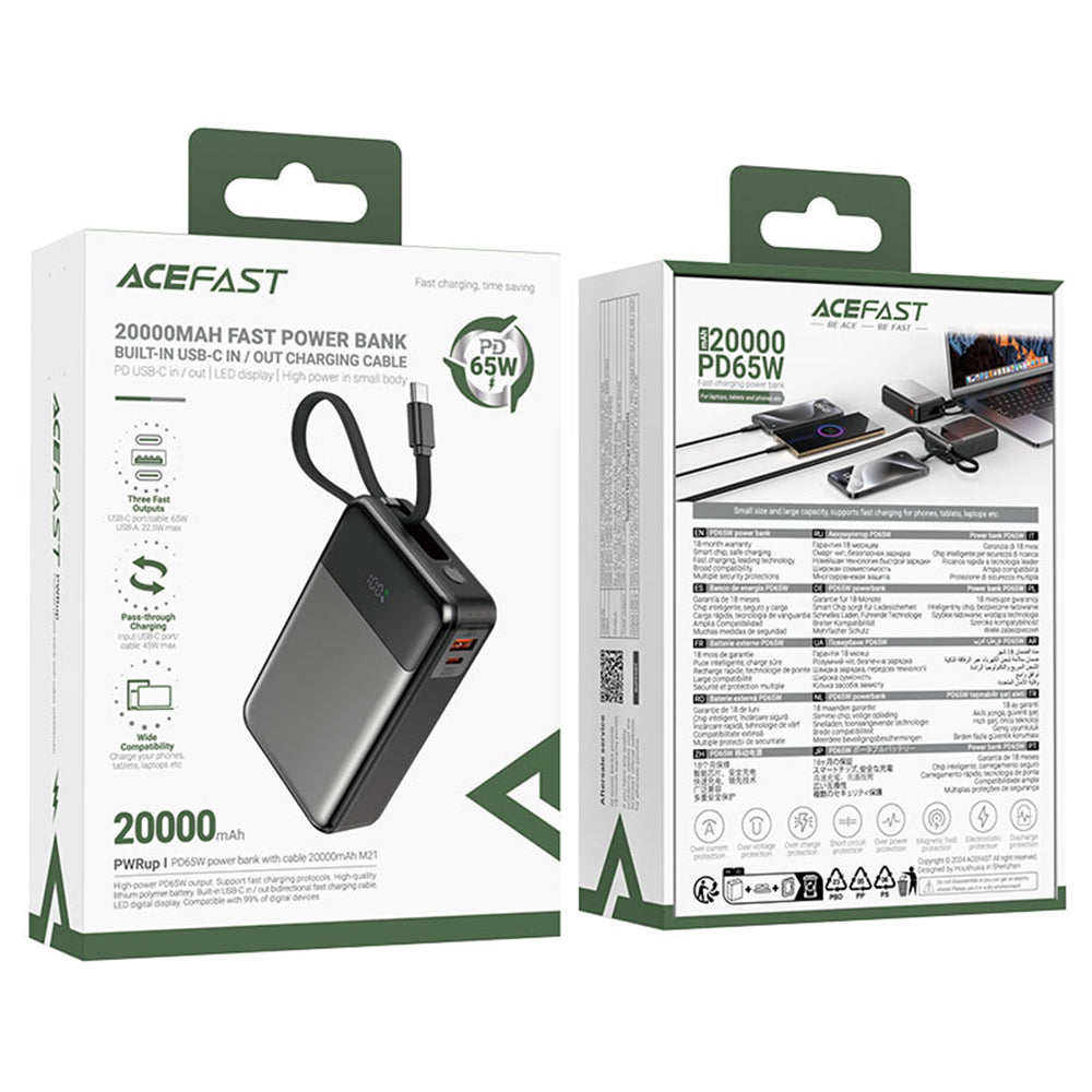 Bateria Externa Acefast M21, 20000mAh, 65W, QC + PD, 1 x USB-A - 2 x USB-C, Preta