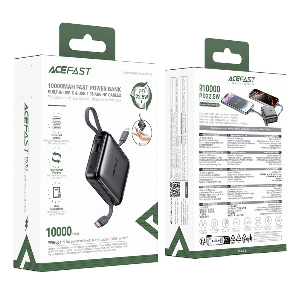 Bateria Externa Acefast M23, 10000mAh, 22.5W, QC + PD, 1 x Lightning - 2 x USB-C, Cinzento