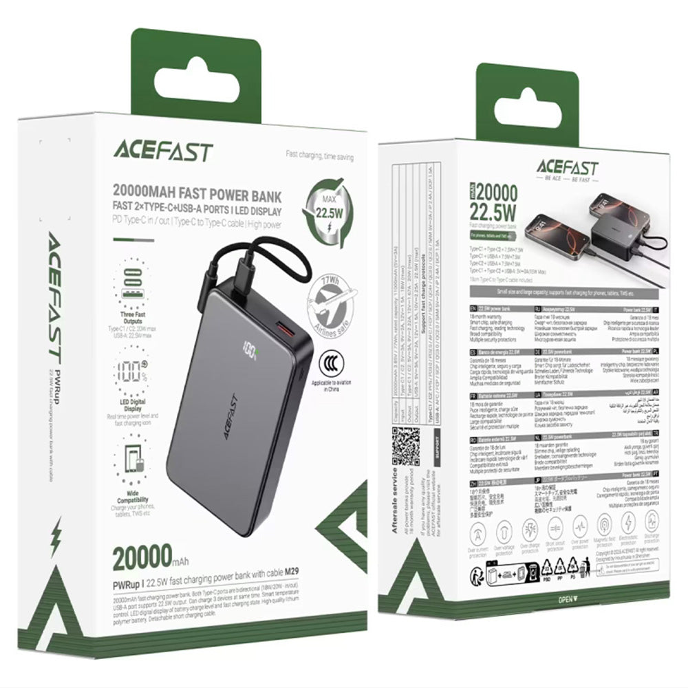 Bateria Externa Acefast M29, 20000mAh, 22.5W, QC + PD, 1 x USB-A - 2 x USB-C, Preta