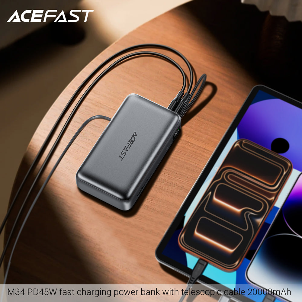 Bateria Externa Acefast M34, 20000mAh, 45W, QC + PD, 1 x USB-A - 2 x USB-C, Cinzento