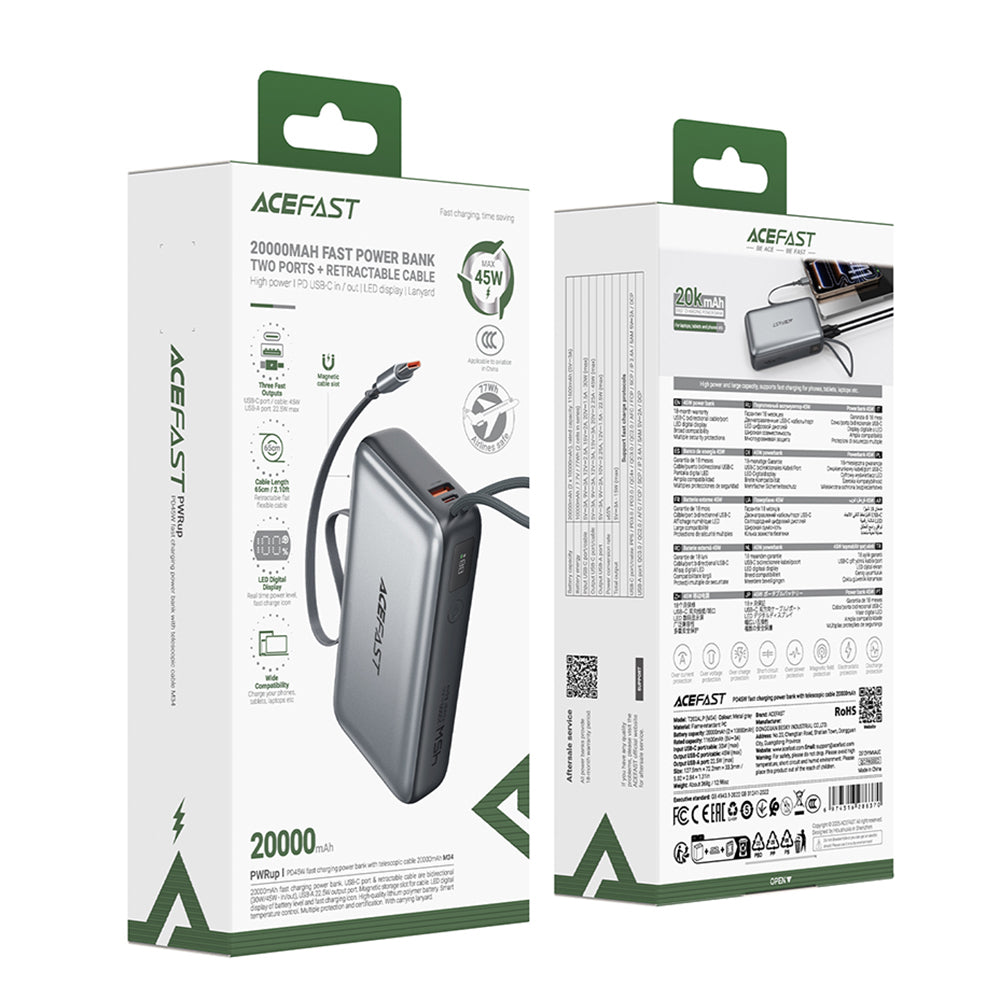 Bateria Externa Acefast M34, 20000mAh, 45W, QC + PD, 1 x USB-A - 2 x USB-C, Cinzento
