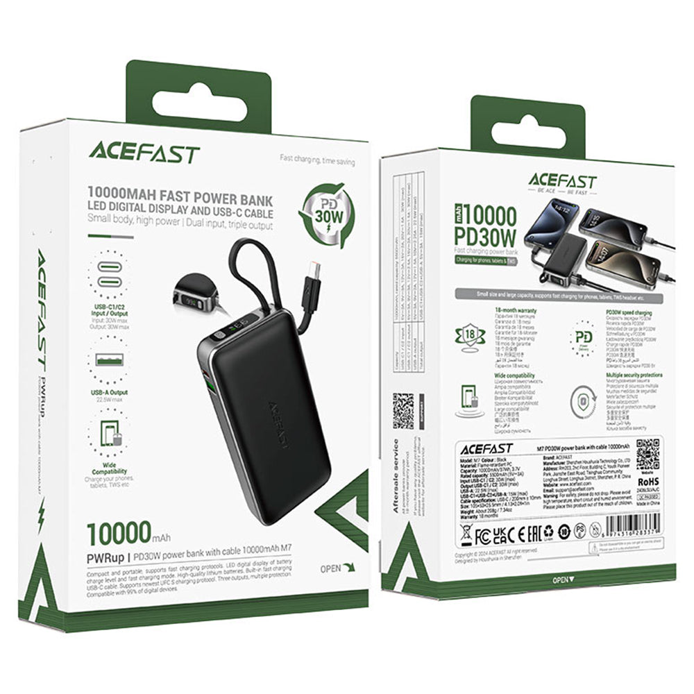 Bateria Externa Acefast M7, 10000mAh, 30W, QC + PD, 1 x USB-A - 2 x USB-C, Preta