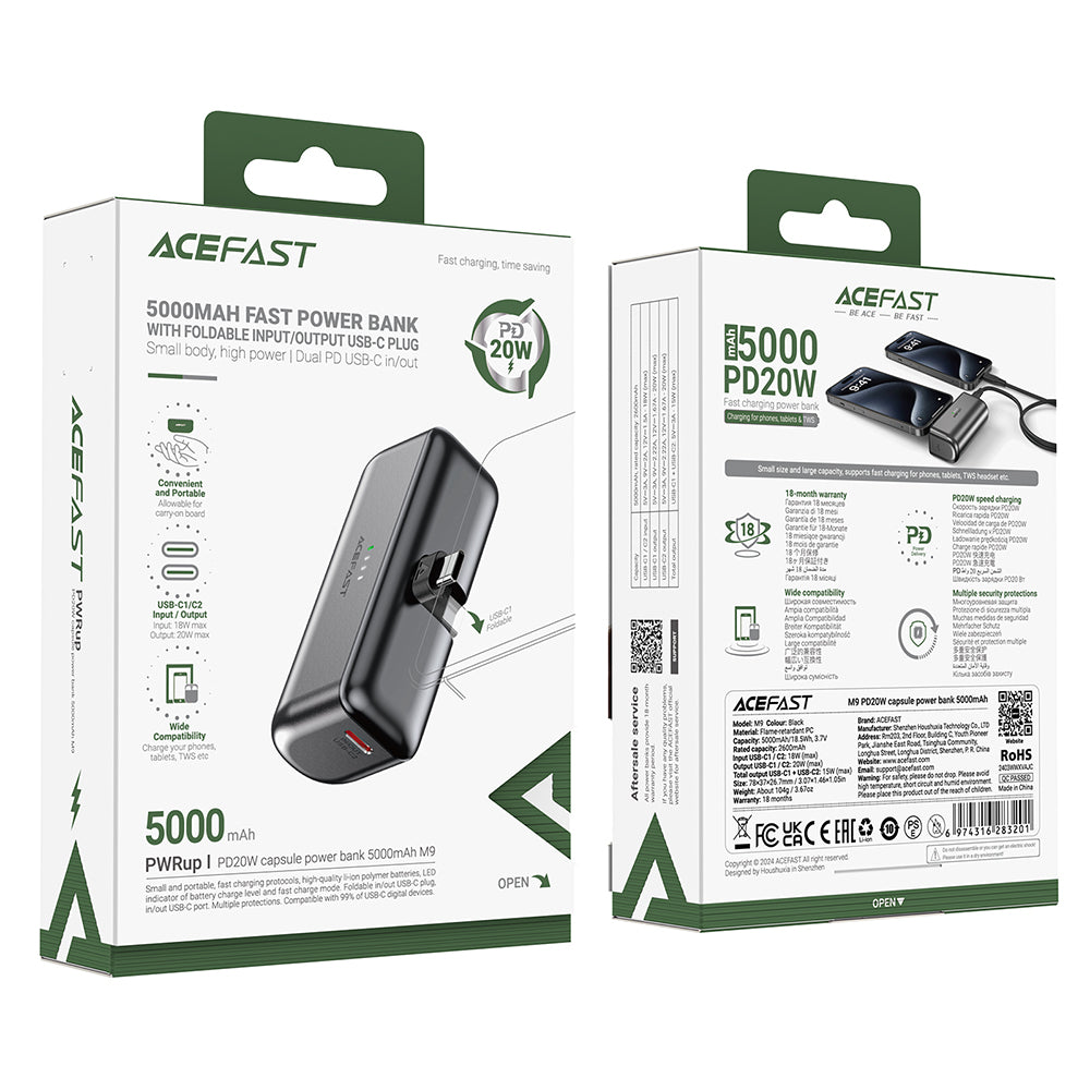 Bateria Externa Acefast M9, 5000mAh, 20W, PD, 2 x USB-C, Preta