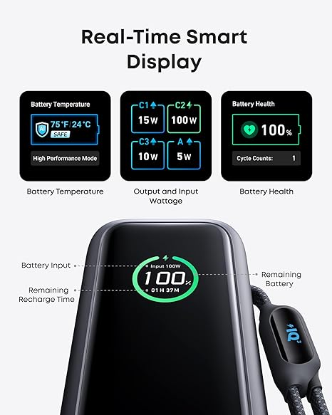 Bateria Externa Anker, 25000mAh, 165W, QC + PD, 1 x USB-A - 3 x USB-C, Cinza A1695H11