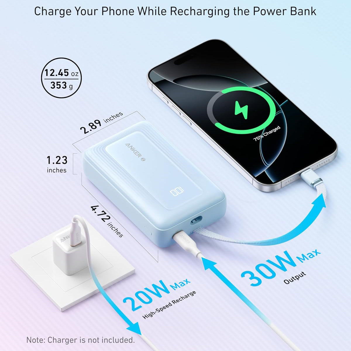 Bateria Externa Anker Zolo, 20000mAh, 30W, QC + PD, 1 x USB-A - 2 x USB-C, Azul A1689031