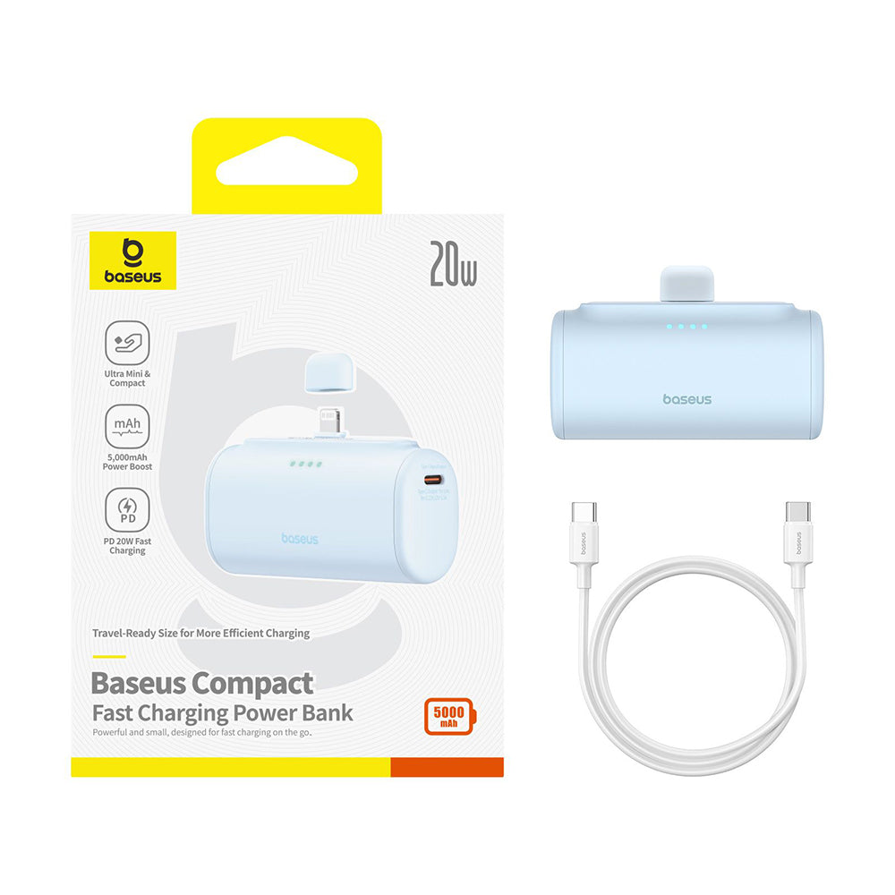 Bateria Externa Baseus Compact, 5000mAh, 20W, PD, 1 x Lightning - 1 x USB-C, Azul P10068307313-00