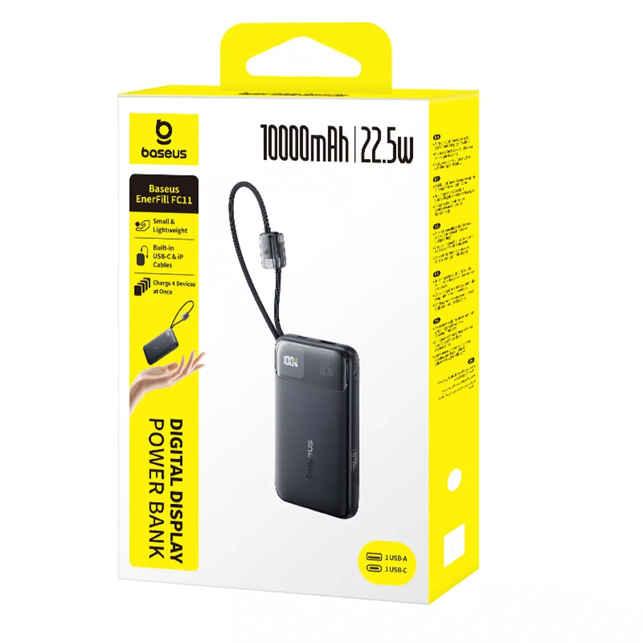Bateria Externa Baseus EnerFill FC11, 10000mAh, 22.5W, QC + PD, 1 x Lightning - 1 x USB-A - 2 x USB-C, Preta E0027R04
