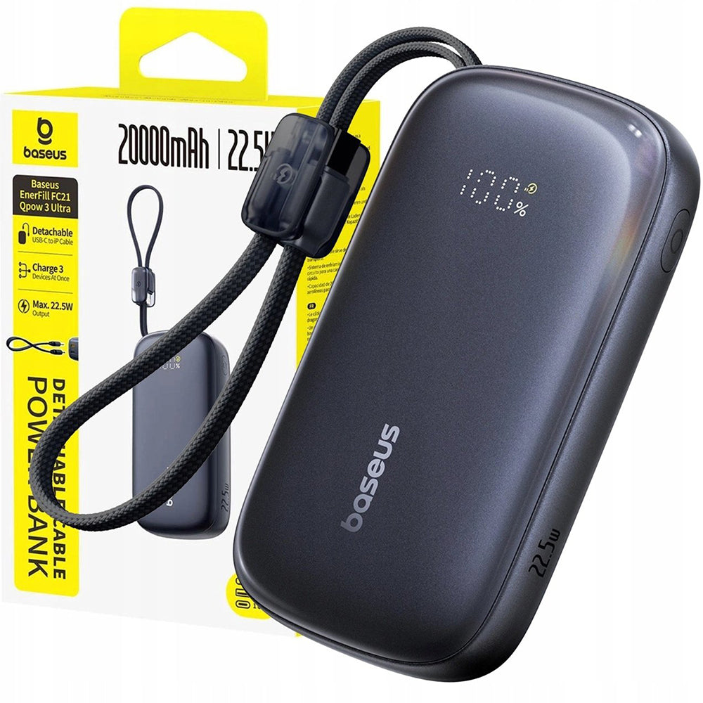 Bateria Externa Baseus EnerFill FC21 Qpow 3 Ultra, 20000mAh, 22.5W, QC + PD, 1 x USB-A - 1 x USB-C, Preta E0027M00