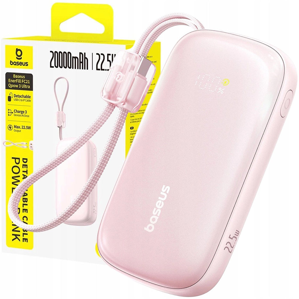 Bateria Externa Baseus EnerFill FC21 Qpow 3 Ultra, 20000mAh, 22.5W, QC + PD, 1 x USB-A - 1 x USB-C, Rosa E0027M02