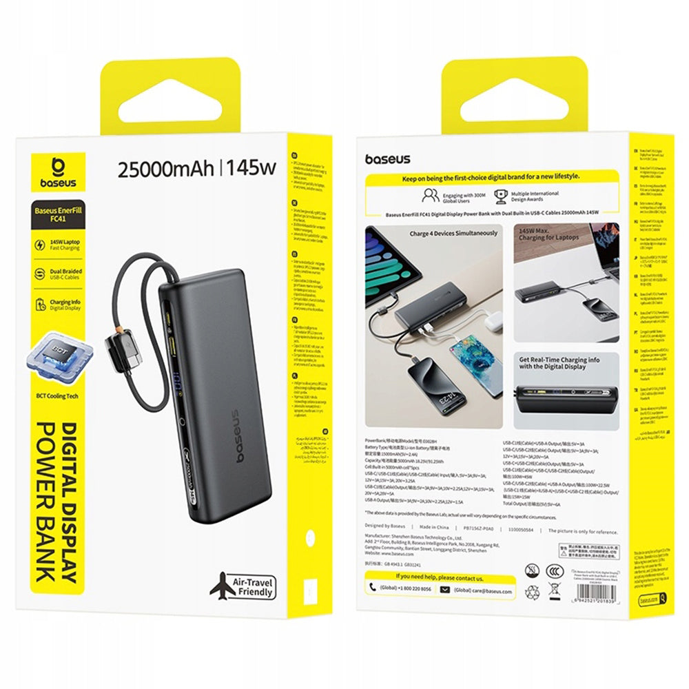 Bateria Externa Baseus EnerFill FC41, 25000mAh, 145W, QC + PD, 1 x USB-A - 3 x USB-C, Preta E0028H03