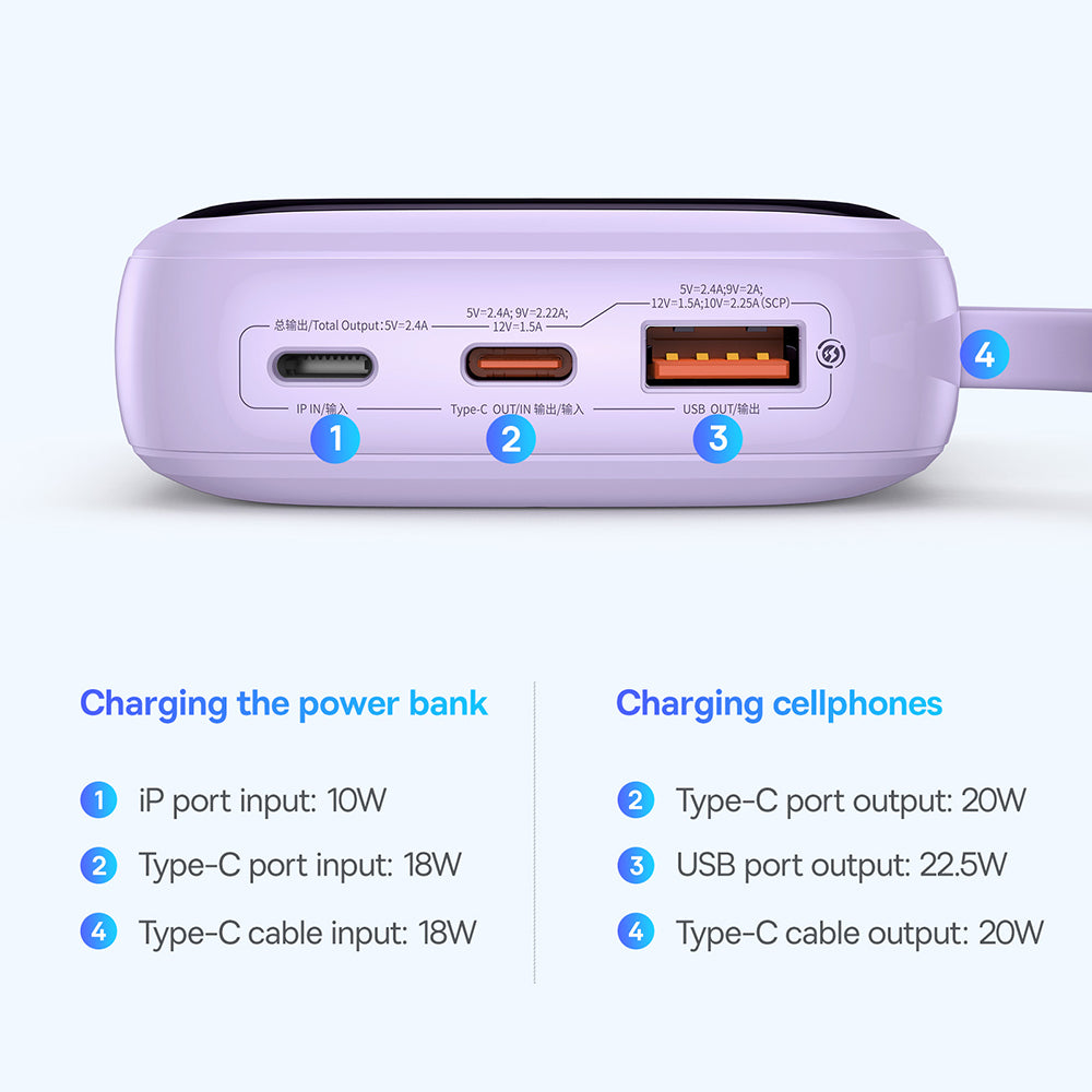 Bateria Externa Baseus Qpow Pro+, 10000mAh, 22.5W, QC + PD, 1 x USB-A - 2 x USB-C, Roxo P10067101513-00