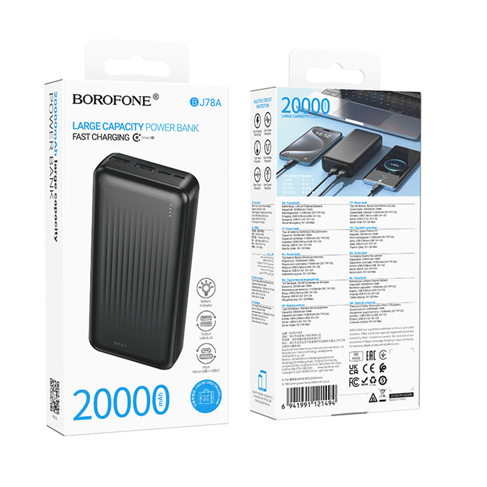 Bateria Externa Borofone BJ78A Clever, 20000mAh, 10W, 2 x USB-A, Preta
