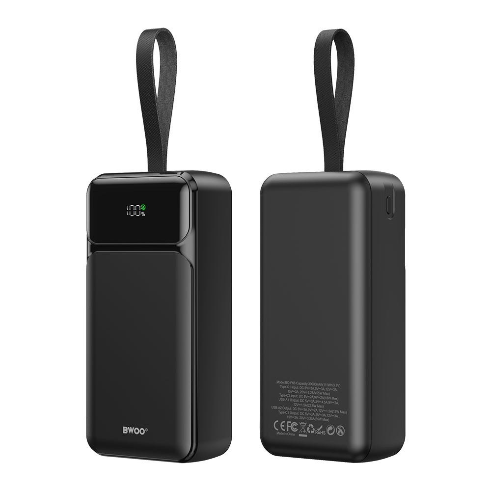 Bateria Externa BWOO BO-P66, 30000mAh, 65W, QC + PD, 1 x USB-C - 2 x USB-A, Preta