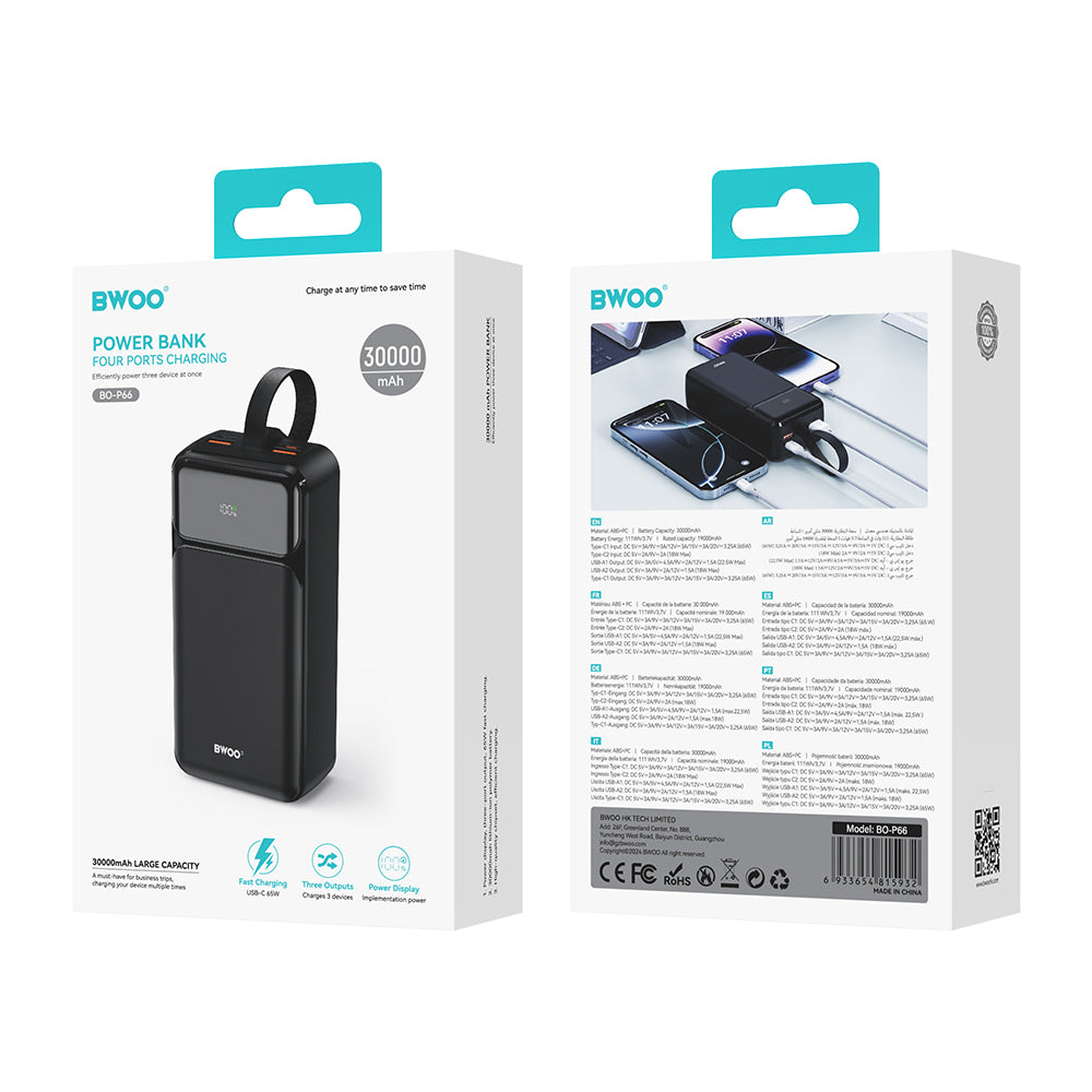 Bateria Externa BWOO BO-P66, 30000mAh, 65W, QC + PD, 1 x USB-C - 2 x USB-A, Preta