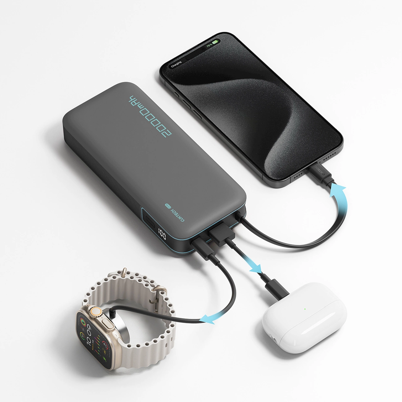 Bateria Externa Cuktech, 20000mAh, 55W, QC + PD, 1 x USB-A - 2 x USB-C, Cinza CUKP200NGLDG