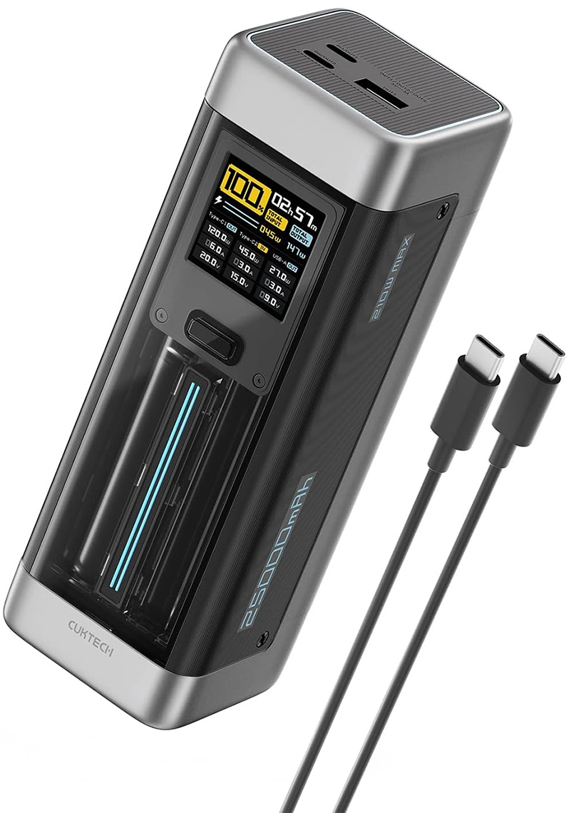 Bateria Externa Cuktech, 25000mAh, 210W, QC + PD, 1 x USB-A - 2 x USB-C, Preta CUK00P23GLBK