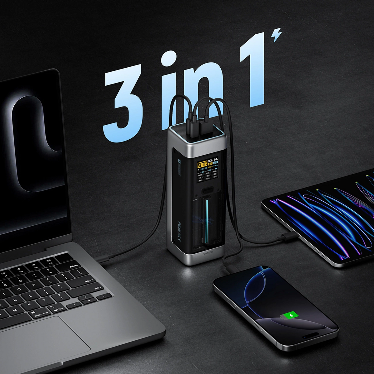 Bateria Externa Cuktech, 25000mAh, 210W, QC + PD, 1 x USB-A - 2 x USB-C, Preta CUK00P23GLBK
