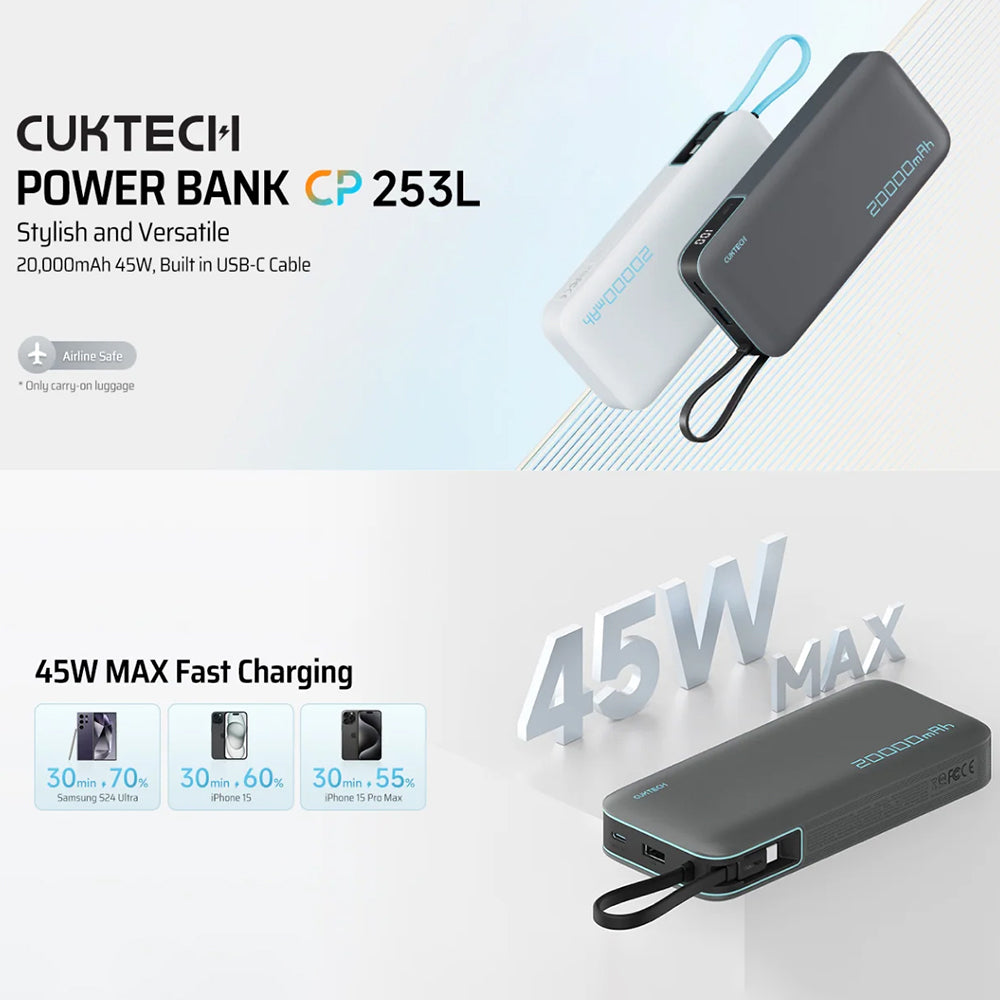 Bateria Externa Cuktech LPB200N, 20000mAh, 45W, QC + PD, 1 x USB-A - 2 x USB-C, Branco CUKP200NGLLG