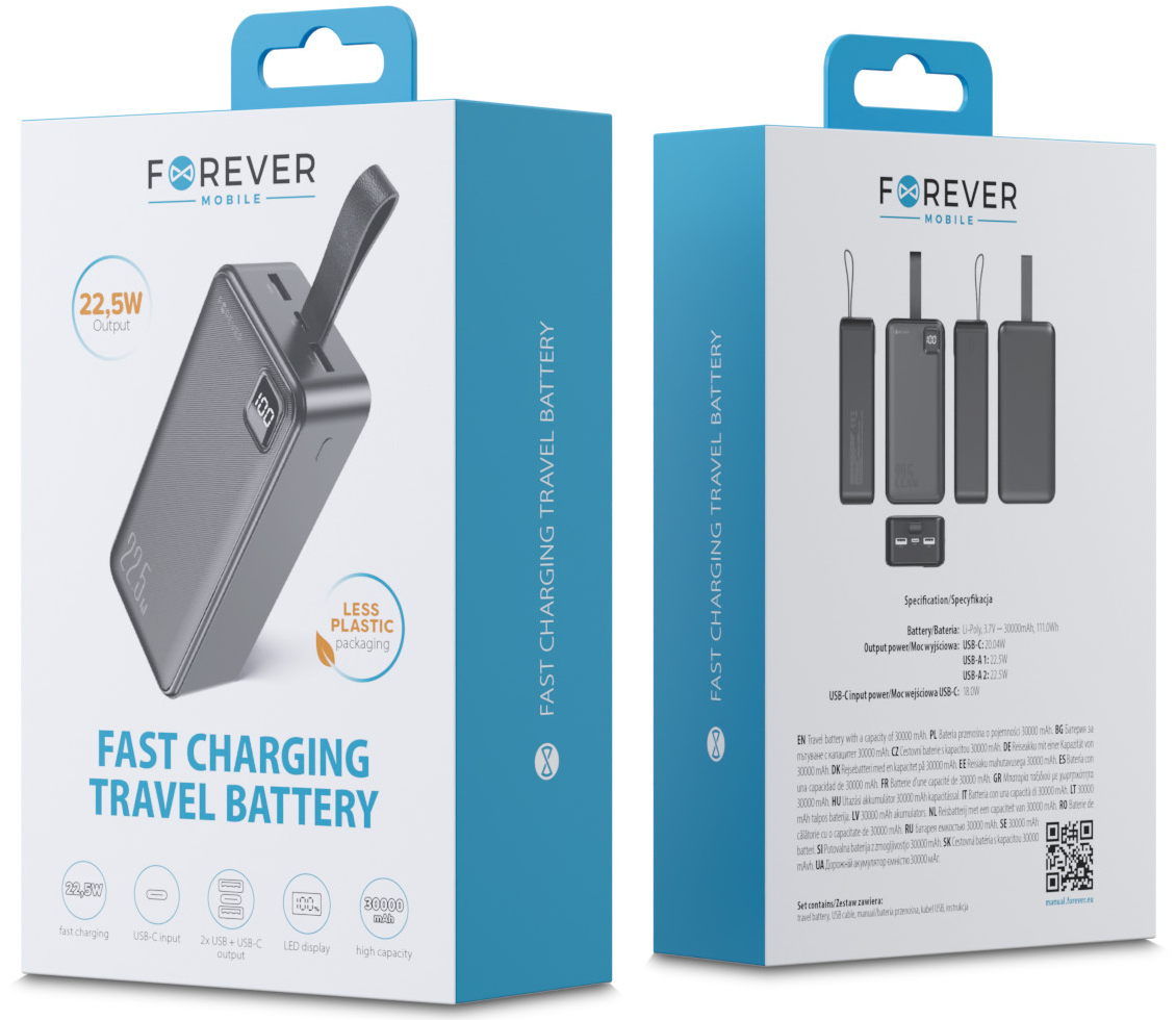 Bateria Externa Forever TB-300XL, 30000 mAh, 22,5 W, QC + PD, 1 x USB-C - 2 x USB-A, Preta