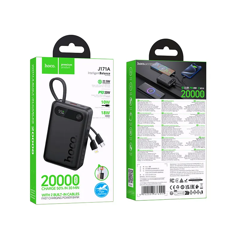Bateria Externa HOCO J171A, 20000mAh, 22.5W, QC + PD, 1 x Lightning - 1 x USB-A - 2 x USB-C, Preta