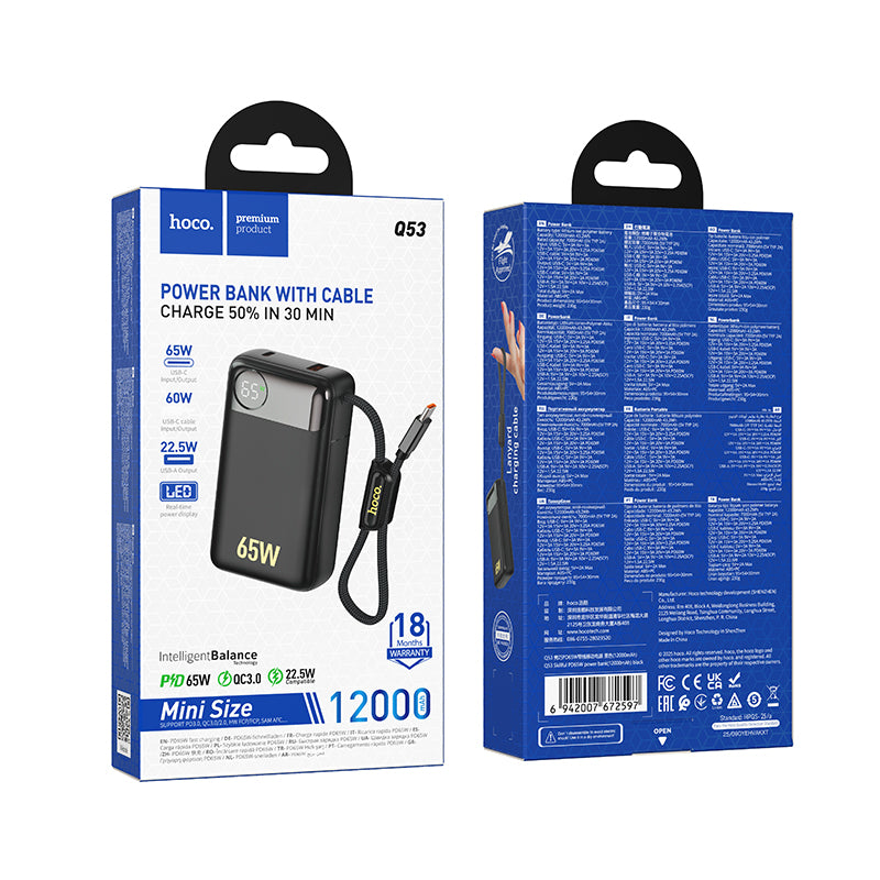 Bateria Externa HOCO Q53, 12000mAh, 65W, QC + PD, 1 x USB-A - 2 x USB-C, Preta