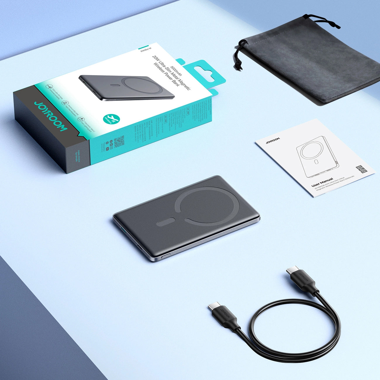 Bateria Externa Wireless Joyroom JR-PBM08, 5000mAh, 20W, PD + FQI, 1 x QI - 1 x USB-C, Cinzento