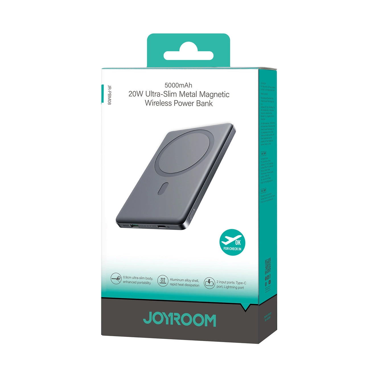 Bateria Externa Wireless Joyroom JR-PBM08, 5000mAh, 20W, PD + FQI, 1 x QI - 1 x USB-C, Cinzento