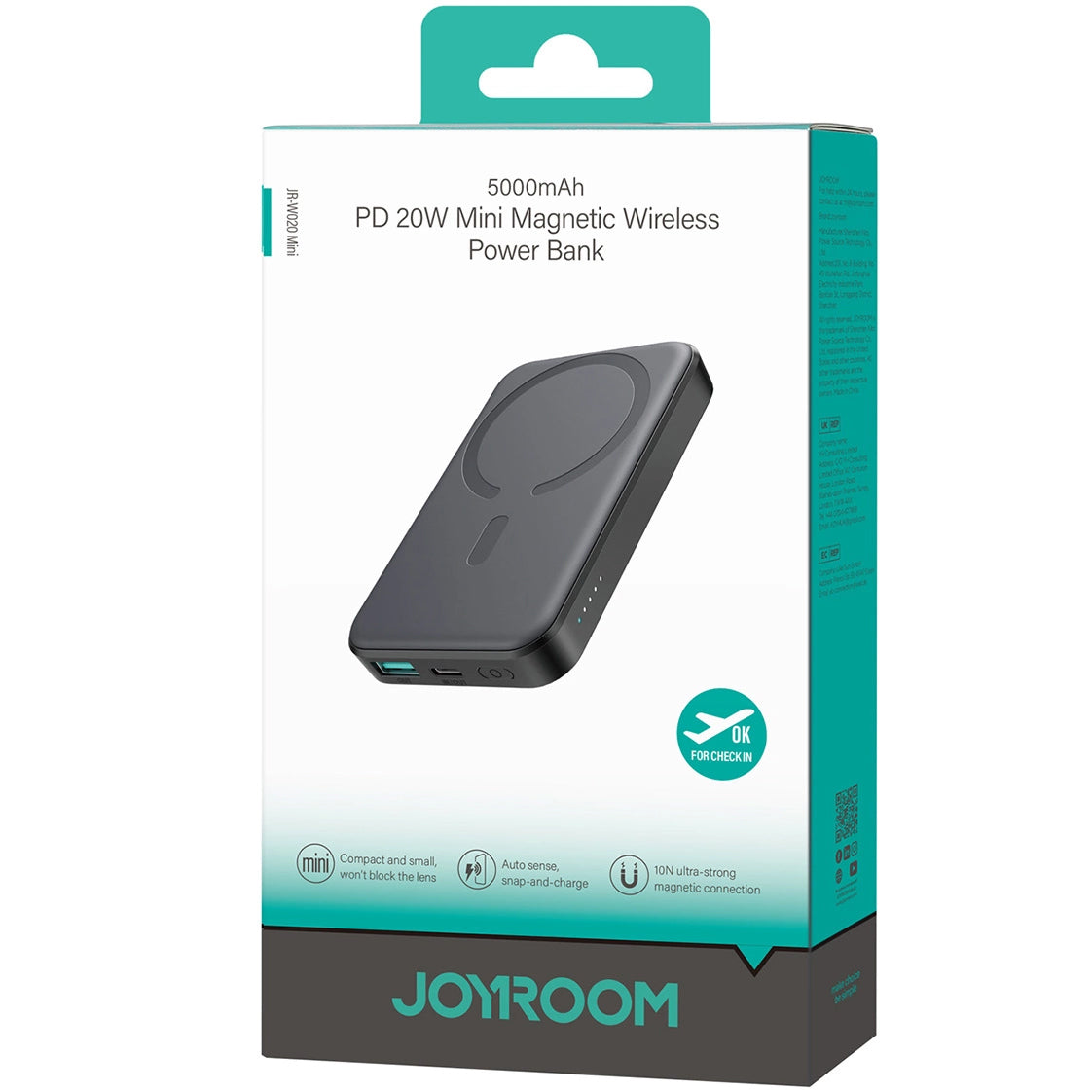 Bateria Externa Wireless Joyroom JR-W020 Mini, 5000mAh, 20W, QC + PD + FQI, 1 x QI - 1 x USB-A - 1 x USB-C, Preta