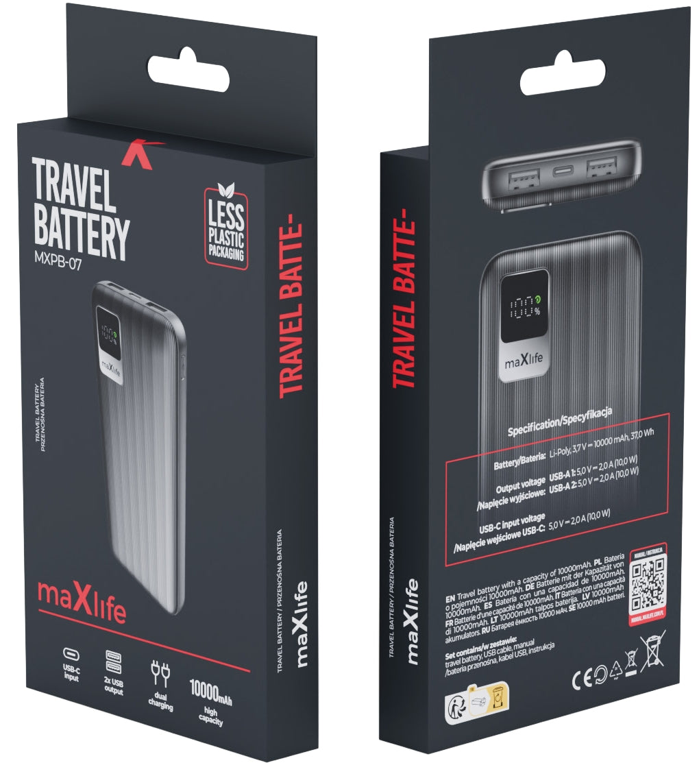 Bateria Externa MaXlife MXPB-07, 10000mAh, 10W, 2 x USB-A, Preta
