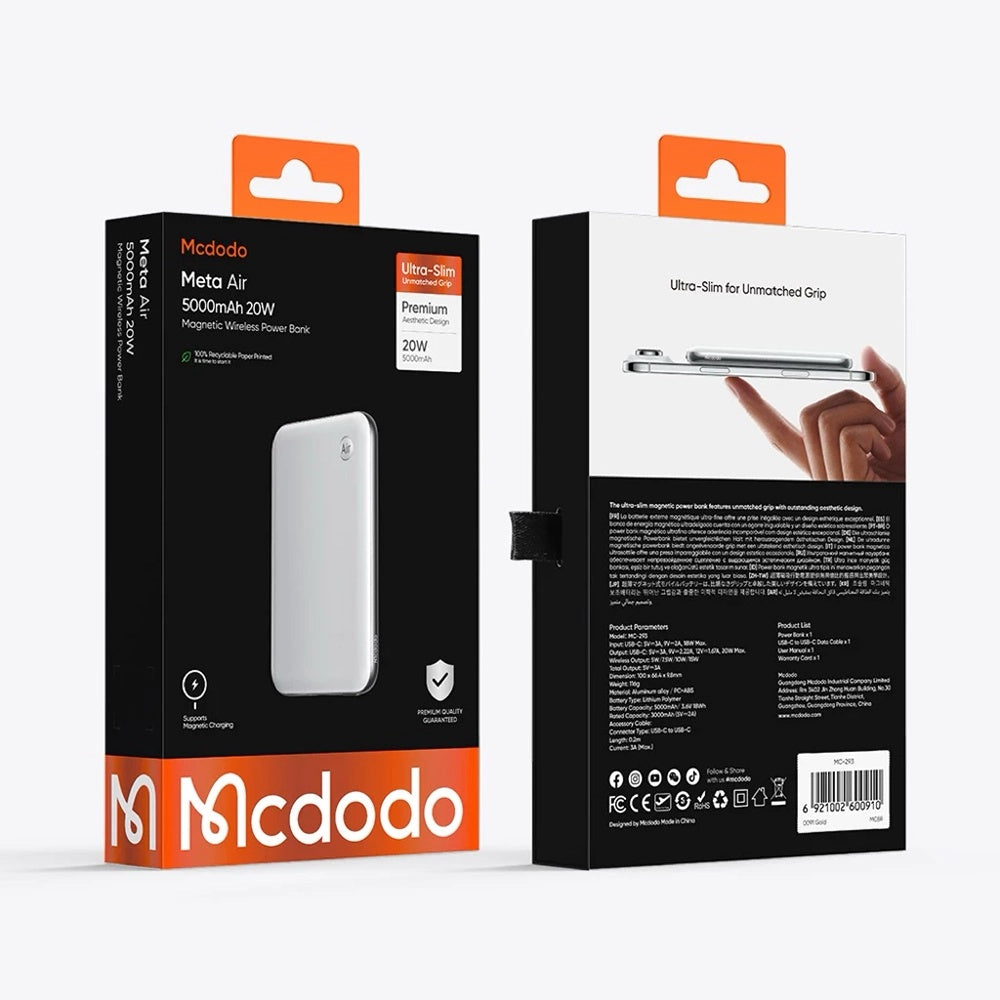 Bateria Externa Wireless McDodo MC-2931 Meta Air, 5000mAh, 20W, PD + FQI, 1 x QI - 1 x USB-C, Preta