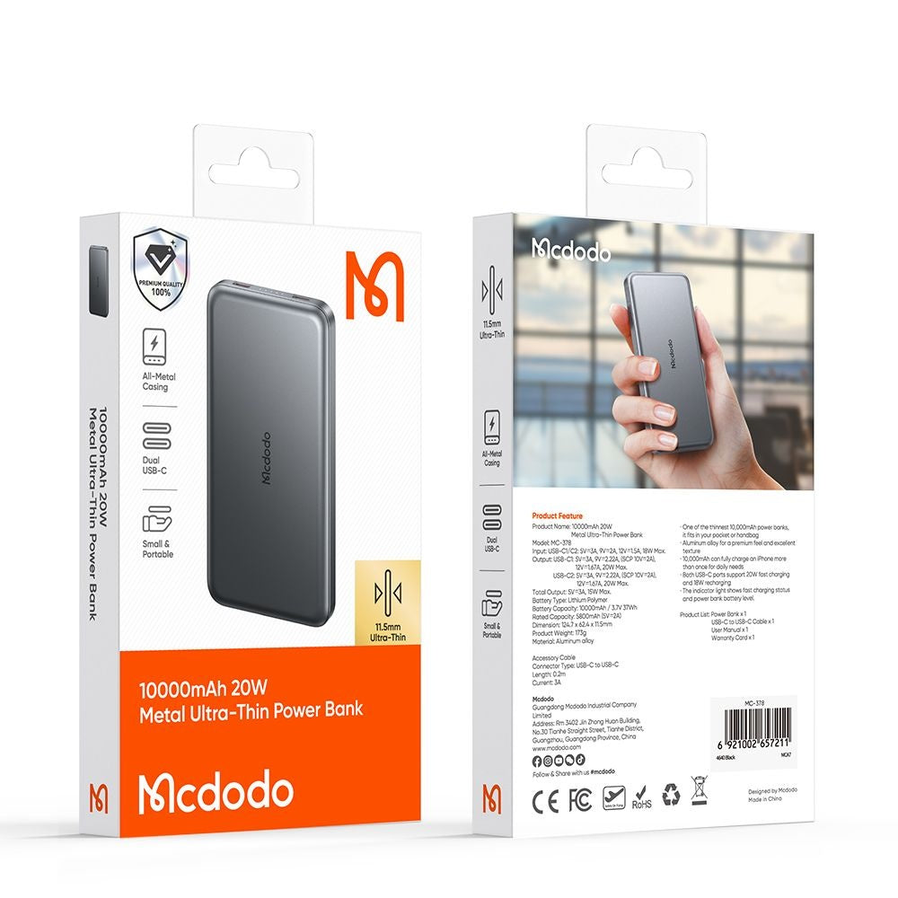 Bateria Externa Wireless McDodo MC-3781 Meta, 10000mAh, 20W, PD + FQI, 1 x QI - 2 x USB-C, Preta