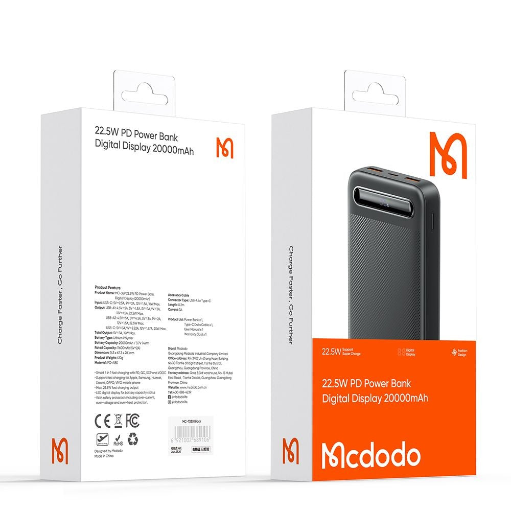 Bateria Externa McDodo MC-3891 Star, 20000mAh, 22.5W, QC + PD, 2 x USB-A - 1 x USB-C, Preta