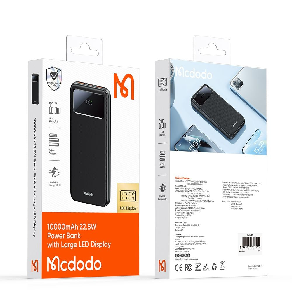 Bateria Externa McDodo MC-4220, 10000mAh, 22.5W, QC + PD, 2 x USB-A - 1 x USB-C, Preta