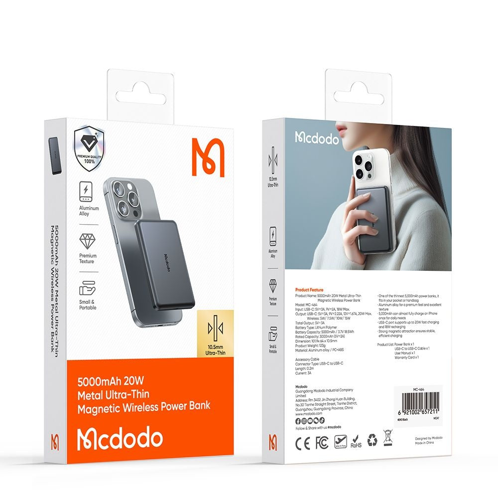 Bateria Externa Wireless McDodo MC-4641 Meta, 5000mAh, 20W, PD + FQI, 1 x QI - 1 x USB-C, Preta
