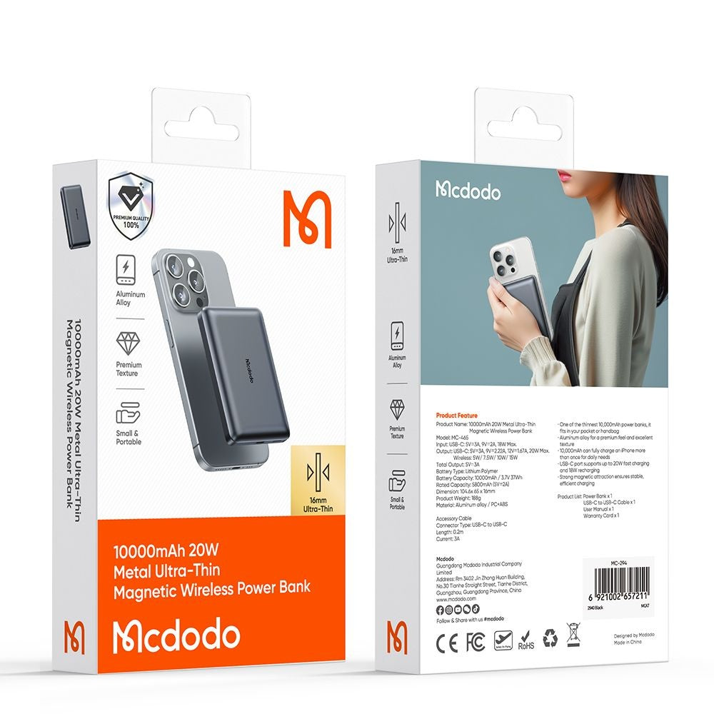 Bateria Externa Wireless McDodo MC-4651 Meta, 10000mAh, 20W, PD + FQI, 1 x QI - 1 x USB-C, Preta