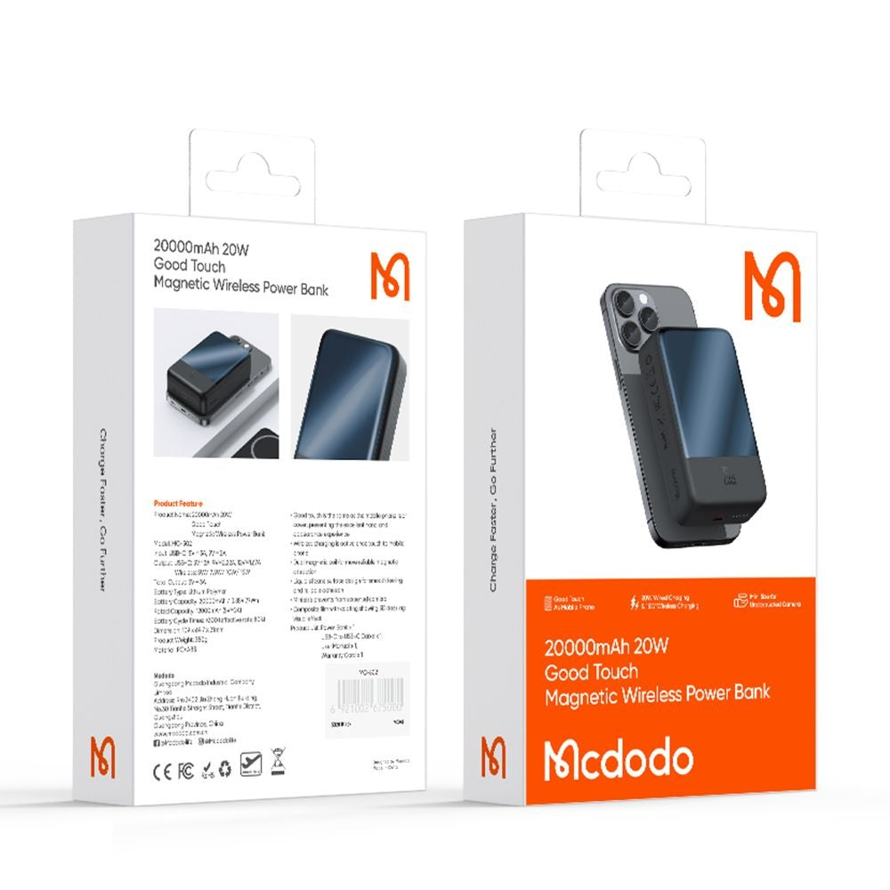 Bateria Externa Wireless McDodo MC-5021 Ambilight, 20000mAh, 20W, PD + FQI, 1 x QI - 1 x USB-C, Preta