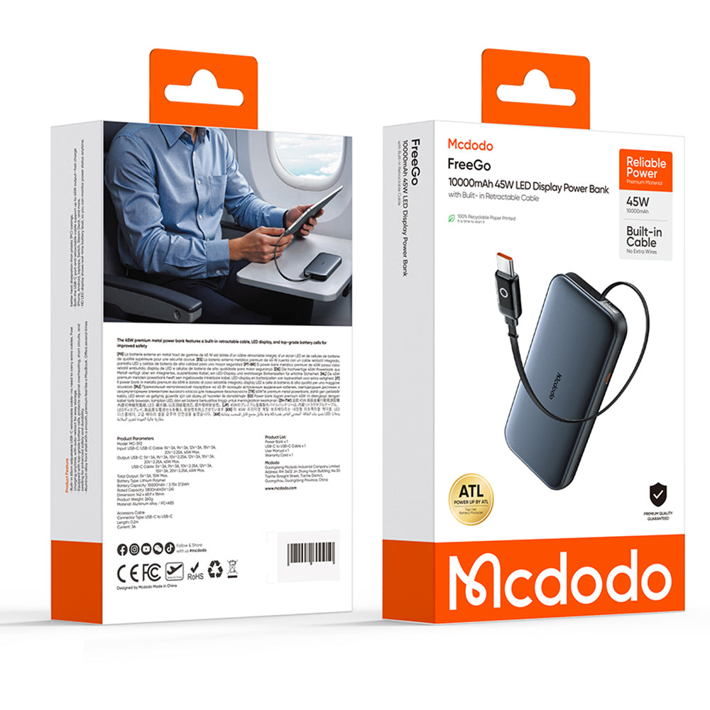 Bateria Externa McDodo MC-5920 MetaFree, 10000mAh, 45W, PD, 2 x USB-C, Cinzento