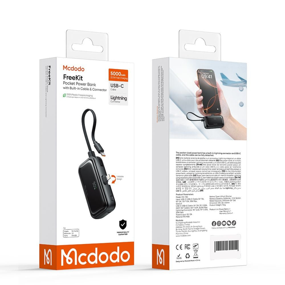 Bateria Externa McDodo MC-7800 Freekit, 5000mAh, 22.5W, PD, 1 x Lightning - 2 x USB-C, Preta