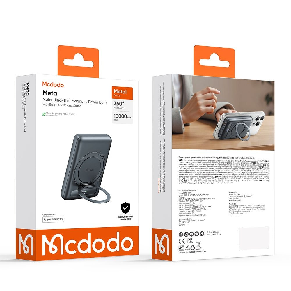 Bateria Externa Wireless McDodo MC-8371 Meta, 10000mAh, 20W, PD + FQI, 1 x QI - 1 x USB-C, Cinzento