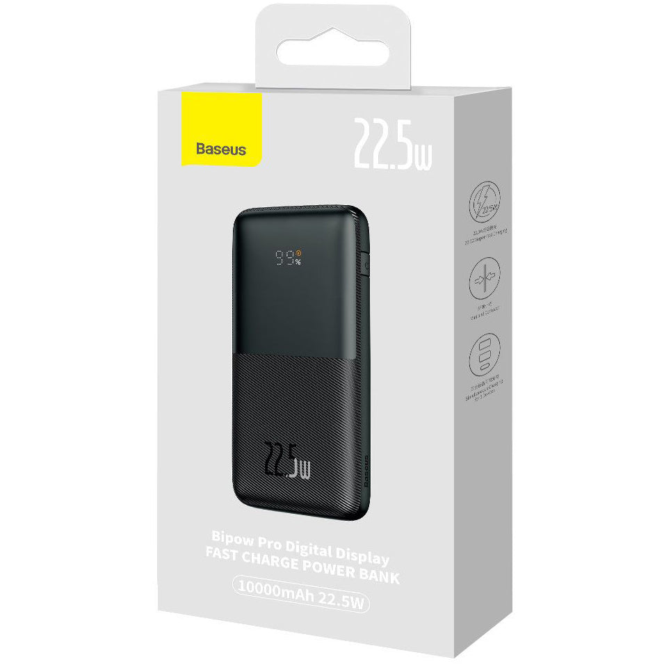 Baseus Bipow Pro External Battery, 10000mAh, 22.5W, QC + PD, 1 x USB-C - 2 x USB-A, Black PPBD040001