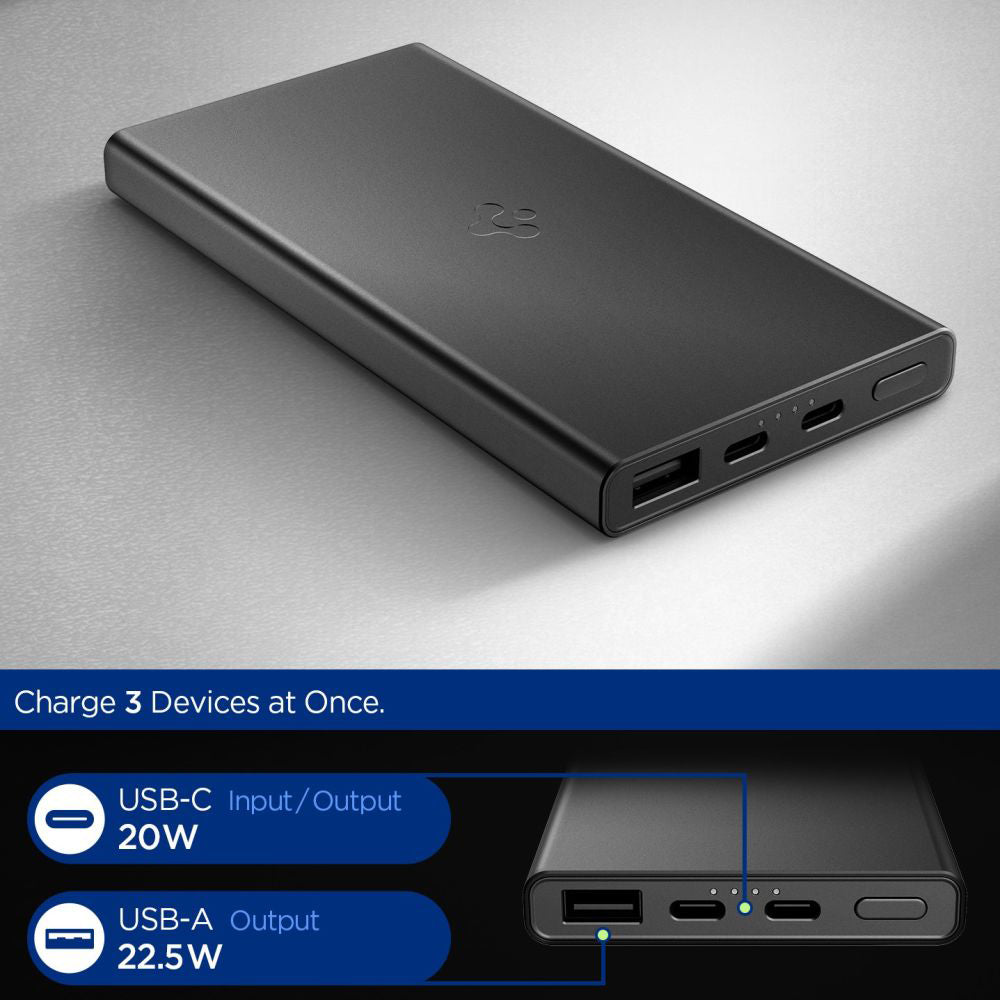 Bateria Externa Spigen Essential, 10000mAh, 22.5W, QC + PD, 1 x USB-A - 2 x USB-C, Preta