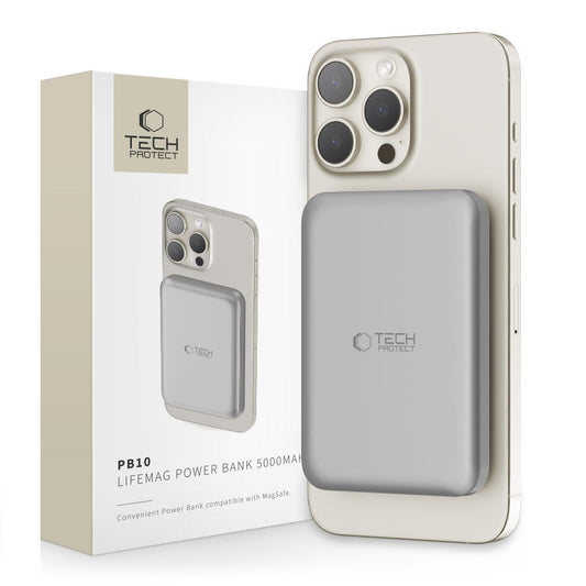Bateria externa sem fios Tech-Protect PB10 LifeMag, 5000mAh, 15W, PD + FQI, 1 x QI - 1 x USB-C, cinzento