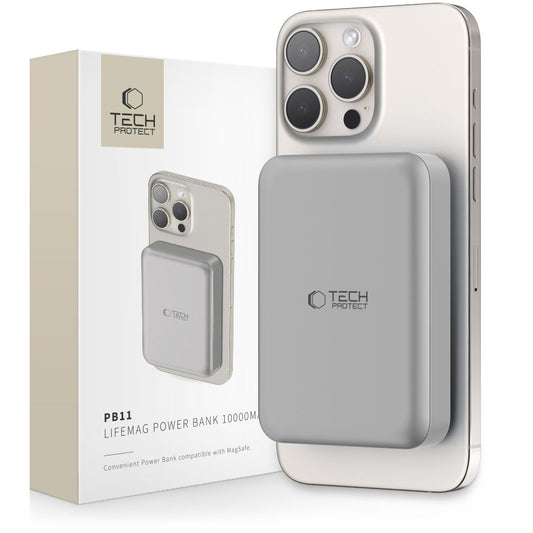 Bateria externa sem fios Tech-Protect PB11 LifeMag, 10000mAh, 15W, PD + FQI, 1 x QI - 1 x USB-C, cinzento